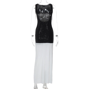 Front view of sleeveless evening dress with black sequin bodice and white pleated skirt
