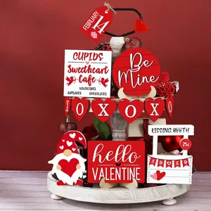 12-piece Valentines Day wooden tiered tray decor set with hearts and gnomes in red and white