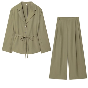 Tenues Femmes Polyester Crêpe De Satin Haut Ceinturé Col Revers Et Pantalon Large Business Casual Streetwear Costume Vert Olive