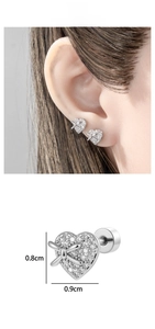 Macro detail of heart bow stud earring with dimensions and secure screw back closure