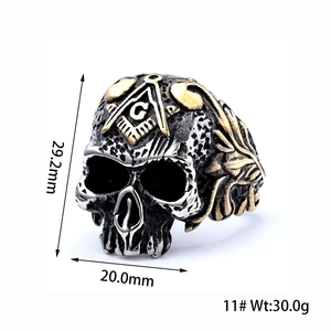 Men's Masonic skull ring in stainless steel with gold and silver finish detail