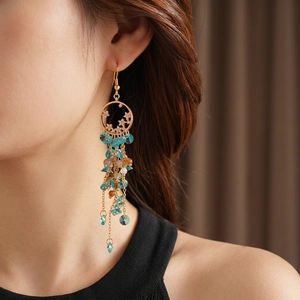 Vintage gold star fringe earrings with turquoise beads for women in bohemian style