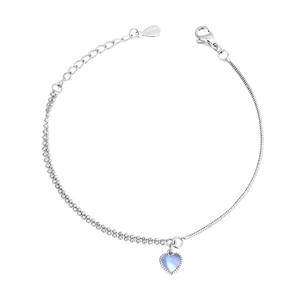 Chic double-layer S925 silver heart bracelet with moonstone pendant on white background