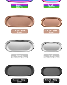 Oval stainless steel trays in four colors and two sizes with mirror finish and rolled edges