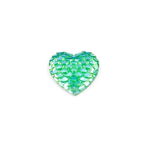 Close-up of heart-shaped green mermaid fish scale resin charm with vibrant texture