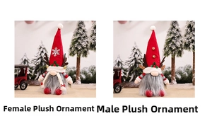 Close-up of plush Christmas gnomes with reindeer antlers and festive holiday accessories