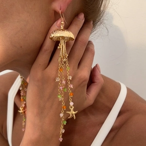 Jellyfish Starfish Long Tassel Dangle Earrings Alloy Colorful Glass Beads Summer Beach Vacation Style Steel Earring Post