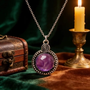 Détail du collier vintage avec gemme en résine violette sur velours vert et bois