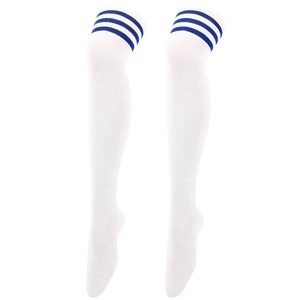 Close-up of white over-the-knee knitted socks with three blue sporty stripes
