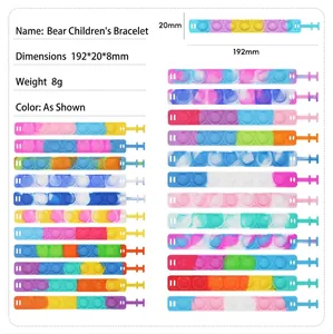 Detailed chart showing bear-shaped silicone pop bubble bracelets in various gradient colors