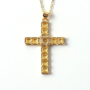 Religious copper cross necklace with yellow crystal pendant and gold plated chain