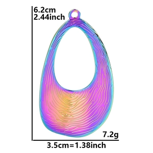 Iridescent teardrop earring pendant with wavy texture and dimensions shown on white background