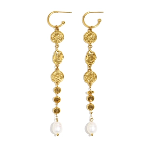 18K gold plated stainless steel hammered coin earrings with long pearl tassels