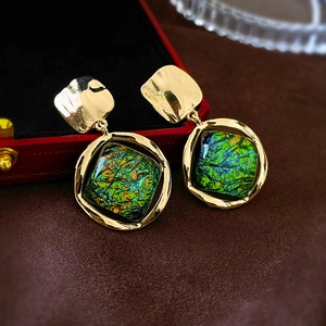 Retro Geometrische Ruit Oorbellen Legering Hars Kleurrijk Groen Met 925 Sterling Zilveren Oorknopje Franse Hof Stijl Vrouwen