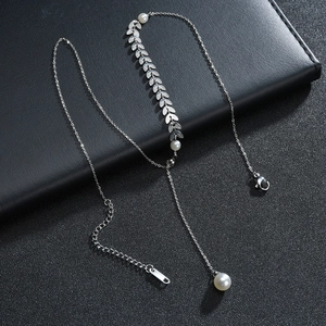 Silver wheat ear pearl necklace in titanium steel with adjustable chain for women
