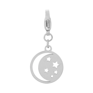 Macro view of silver stainless steel celestial pendant with hollow moon and star design