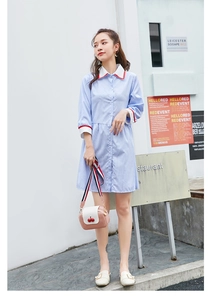Detail of light blue striped shirt dress with a pink cherry crossbody camera bag