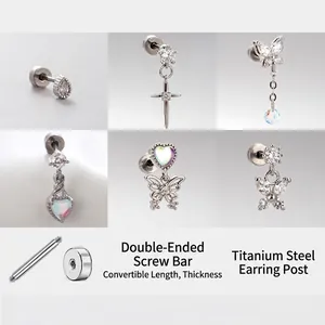 Butterfly Heart Cross Helix Earrings Titanium Steel Double Screw Back Piercing Studs With Cubic Zirconia Opal Jewelry