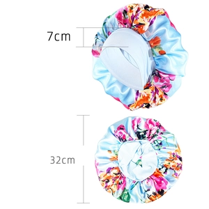 Floral print satin sleep cap in light blue, 32cm diameter with soft hair care fabric