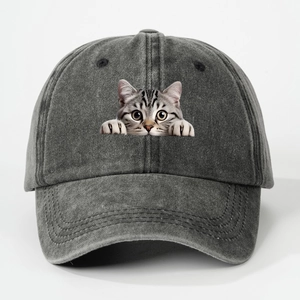 Unisex washed dark grey baseball cap featuring a funny cat peeping graphic on the front