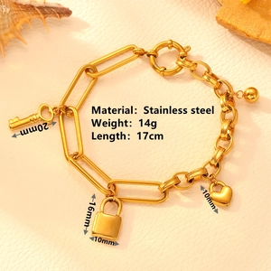 Gold stainless steel chain bracelet with key, lock, and heart charms, 17cm length