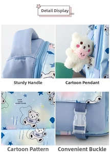 Detail view of durable top handle and cute plush bear charm on blue gradient backpack