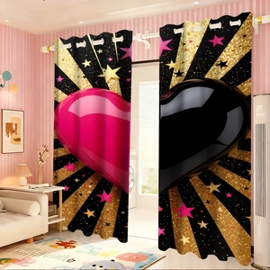 Detail of pink and black heart blackout curtains with golden star patterns and metal rings