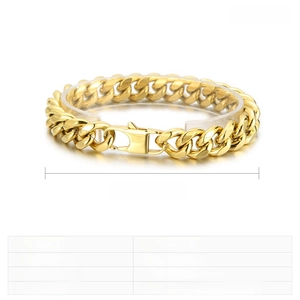 Detail view of a 12mm wide golden cuban link bracelet in stainless steel, 220mm length