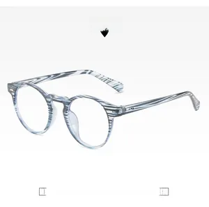 Macro detail of round eyeglass frame with blue and white horizontal stripe patterns