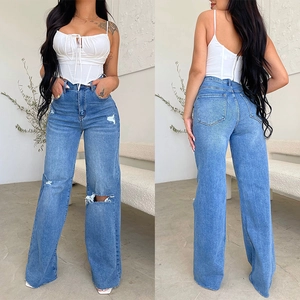 Dames jeans met hoge taille en wijde pijpen met gaten in blauwe wassing, voor- en achteraanzicht