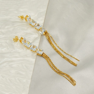 Luxurious gold-plated tassel earrings featuring square cubic zirconia and long chain fringes