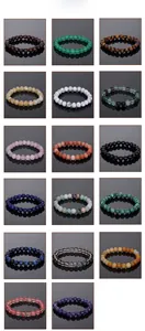 Matrix grid display of 17 natural gemstone bead bracelets in various vibrant colors