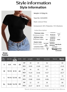 Detailed size guide and fabric specifications for slim-fit yoga t-shirt with size chart