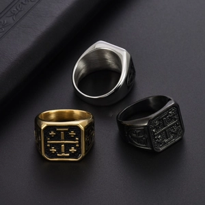 Vintage stainless steel Jerusalem cross signet rings for men in gold silver and black