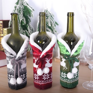 Christmas Wine Bottle Cover Knitted Reindeer Snowflake Pattern Faux Fur Collar Pompom Decor Holiday Table Party Supplies