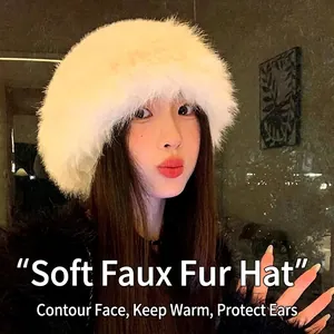 Handmade Faux Fur Bucket Hat Winter Warm Fluffy Plush Knit Fisherman Cap Women Elegant Outdoor Soft