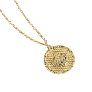 Golden starfish shell necklace with colorful zircon gemstones in round relief pendant