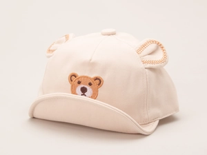 Detailed view of baby cotton baseball cap with cute bear embroidery and 3D animal ears