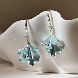 Ginkgo Leaf Dangle Earrings Copper Enamel Drip Oil With Zircon Sweet Elegant Jewelry For Women Light Blue Silver Tone
