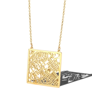 Golden square cutout city map pendant necklace in stainless steel with hollow design