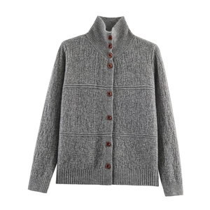 Dark grey knitted cardigan for women featuring a stand collar and ribbed texture
