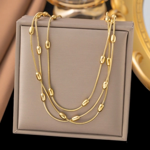 Three-layer gold titanium steel snake chain necklace with polished beads for layering