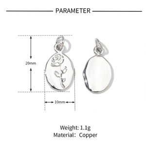 Detail view of 20mm copper oval rose charm and smooth pendant with exact dimensions