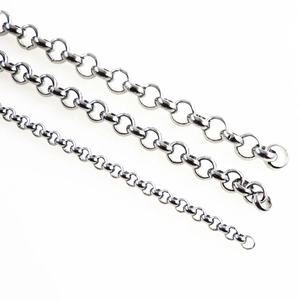 Three sizes of polished stainless steel cable chains for DIY jewelry making on white background