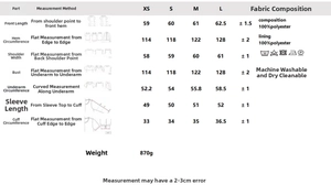 Detailed size chart and measurement guide for women's khaki parka coat with fabric info