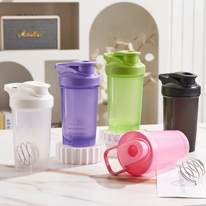 Five assorted colors of sports shaker bottles with stainless steel mixing balls