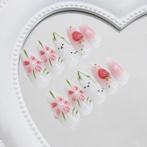 Cute 3D ice-clear flower and bunny press-on nails set with elegant almond shape finish