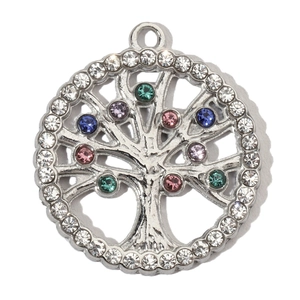 Detail of Tree of Life silver pendant with colorful rhinestones and crystal border