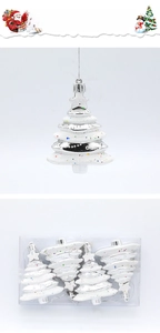 Detailed view of silver glitter Christmas tree ornaments with colorful dots in a 4-pack box