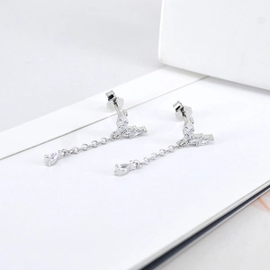 Elegant S925 sterling silver long tassel drop earrings with marquise-cut white zircon stones